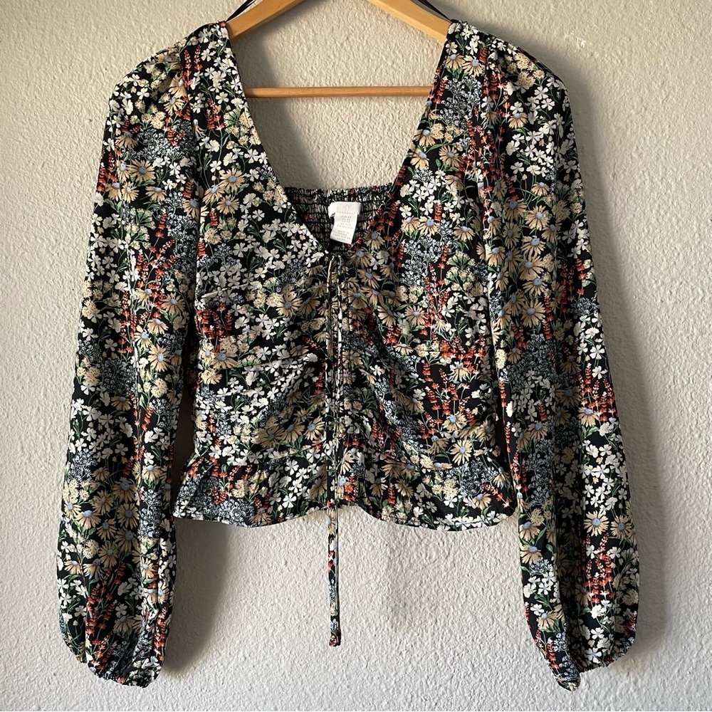 H&M Floral Babydoll Top Women’s XS Puff Long Sleeve Ruched Smocked Coastal Boho